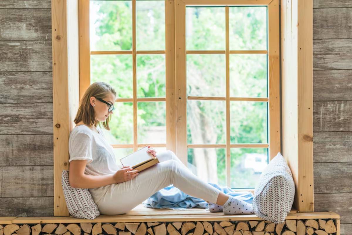 A person sits comfortably on a wooden window seat, reading a book, surrounded by greenery and natural light. Cozy decor accents the space.
