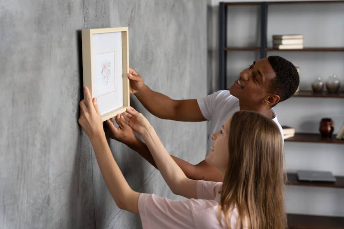 Two individuals are hanging a framed artwork on a concrete wall, collaborating closely in a modern interior.