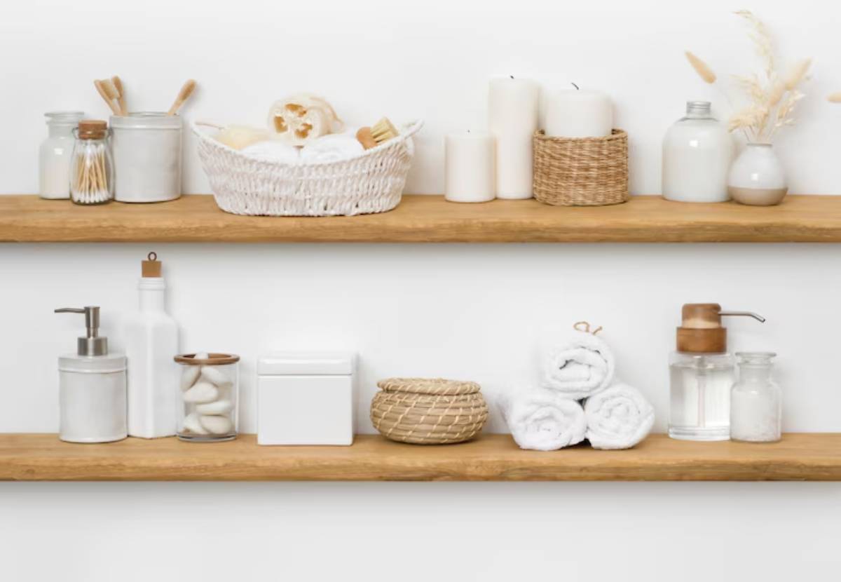 Two wooden shelves display neatly arranged bathroom essentials, including candles, towels, and decorative containers.