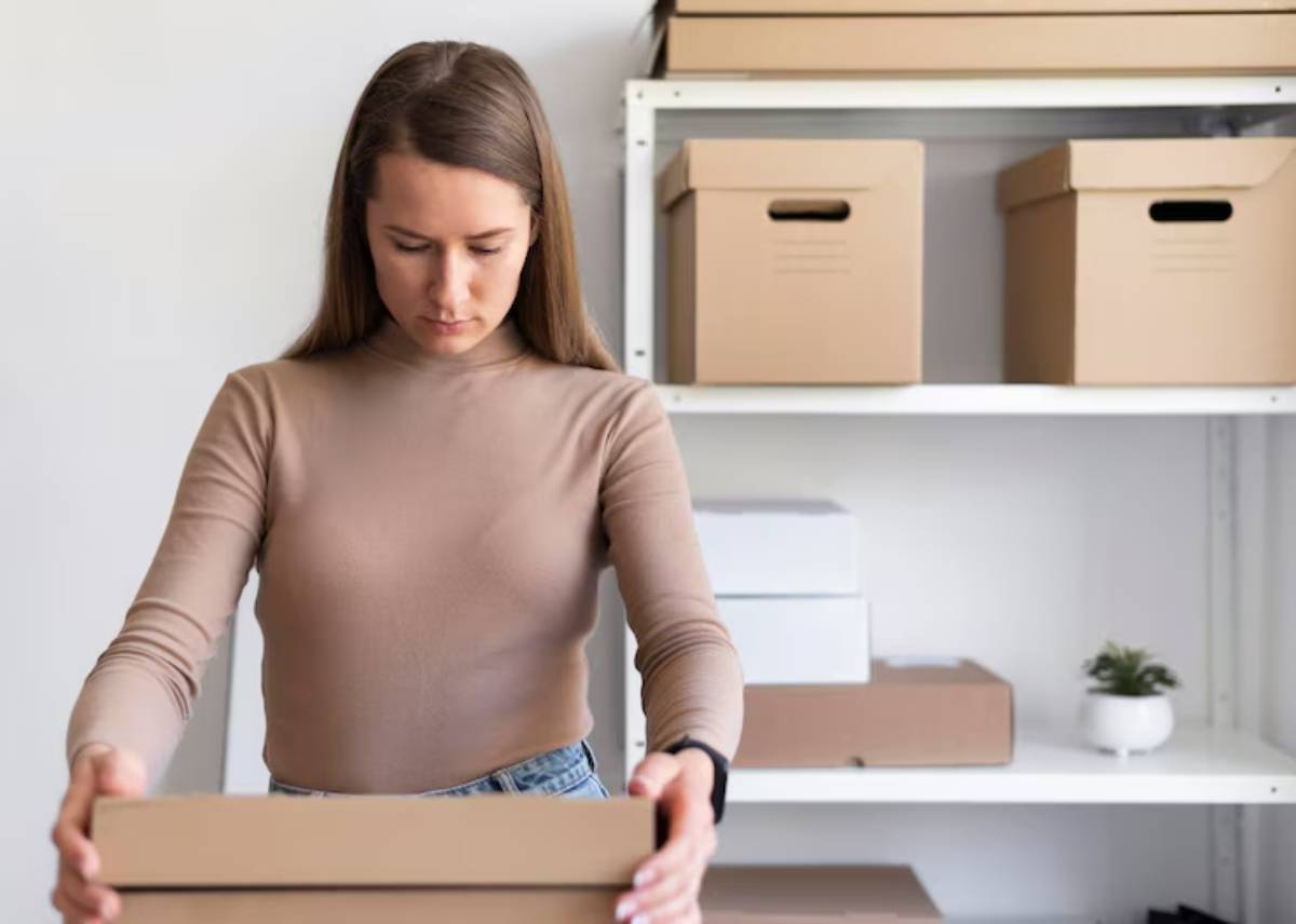 A woman in a beige top holds a cardboard box in a brightly lit room with shelves stacked with storage boxes and a small plant.