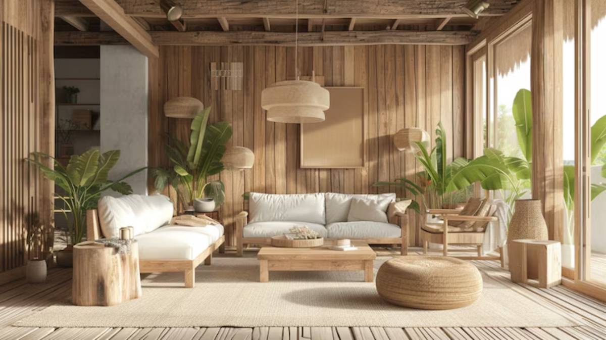 Cozy wooden living room featuring white sofas, natural decor, plants, and soft lighting, creating a serene atmosphere.