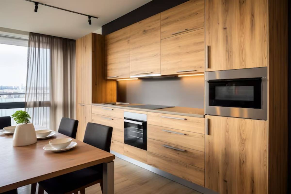 Modern kitchen with wooden cabinetry, stainless steel appliances, and a dining table set, featuring warm lighting and a cozy atmosphere.
