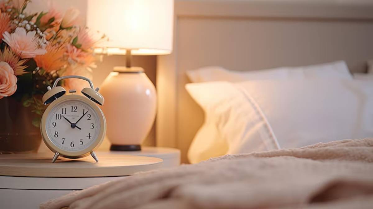 A vintage alarm clock sits on a bedside table next to a pink lamp and a floral arrangement, with a cozy bed in the background.