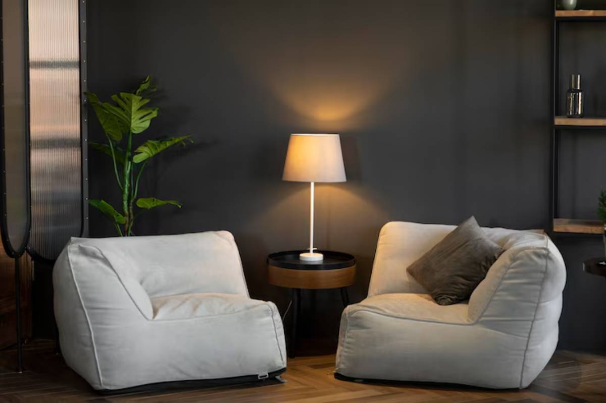 Cozy room with two light gray beanbag chairs, a round side table with a lamp, and a tropical plant against a dark wall.