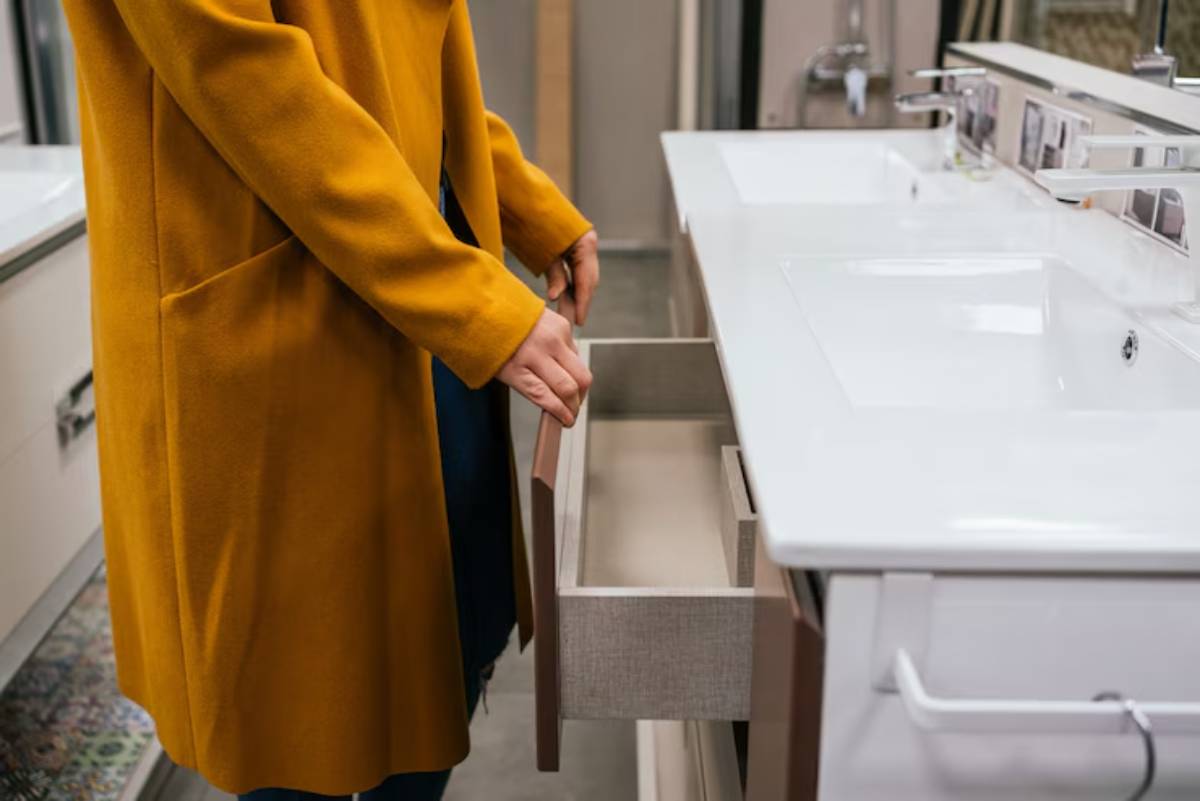 A person in a mustard coat opens a drawer of a modern bathroom vanity, revealing an empty, lined interior.
