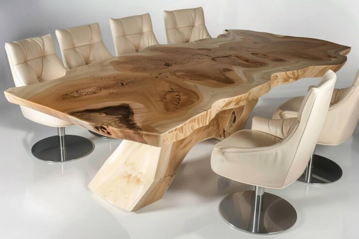 A unique, large wooden conference table with a natural edge, surrounded by six modern, cream-colored swivel chairs.