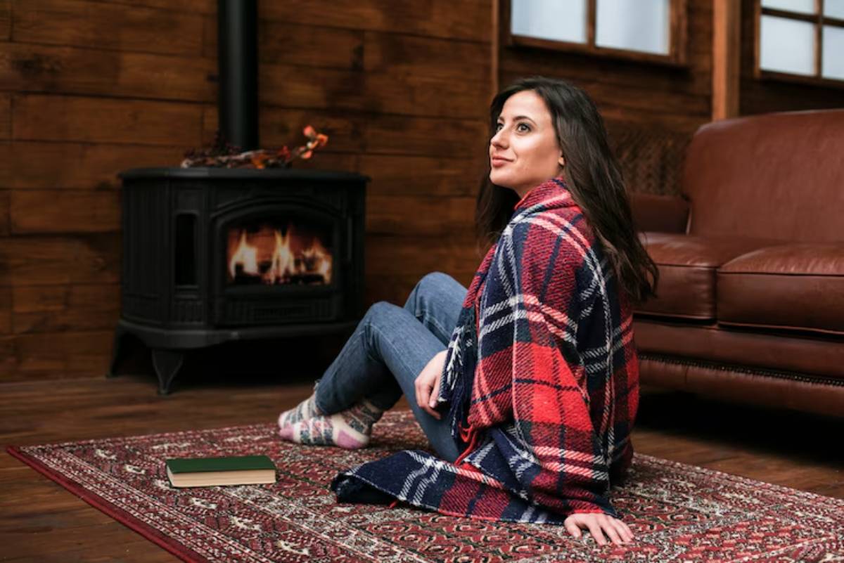 A person wrapped in a red and navy plaid blanket sits on a rug, next to a warm wood stove, with a book nearby. Cozy indoor setting.