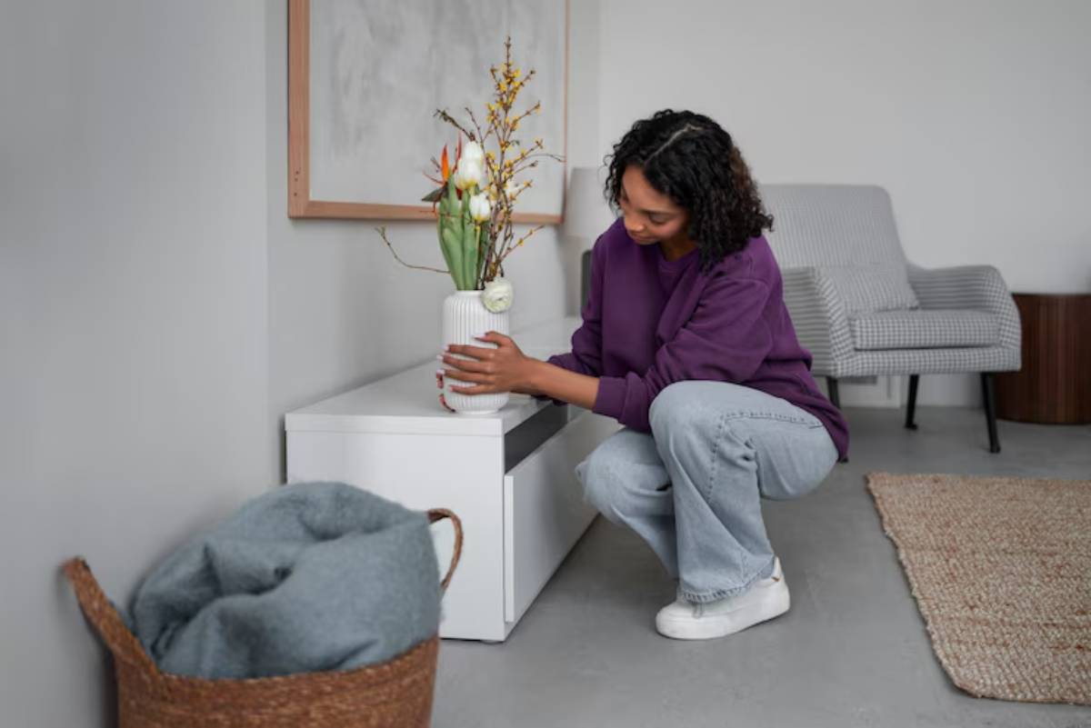 A person kneels beside a white cabinet, adjusting a vase with flowers, in a cozy, modern living space with a textured rug.