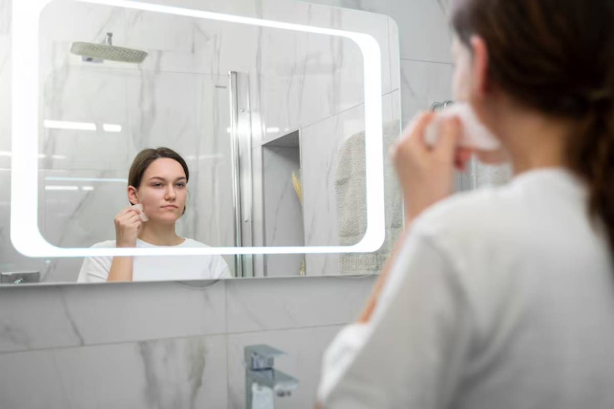 A person in a white shirt is using a cotton pad in front of a bathroom mirror with backlit edges and marble walls.