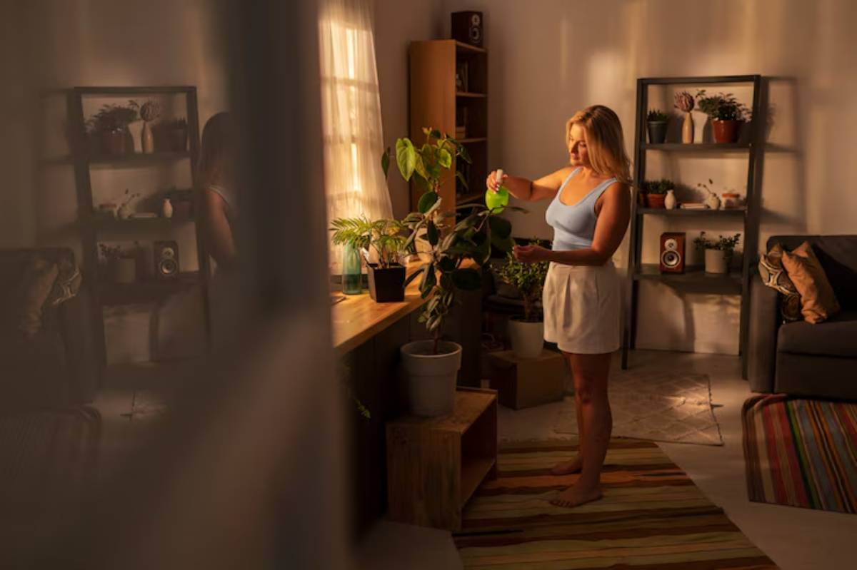 A woman in a cozy room waters a plant by a sunny window, surrounded by shelves of greenery and decorative items.