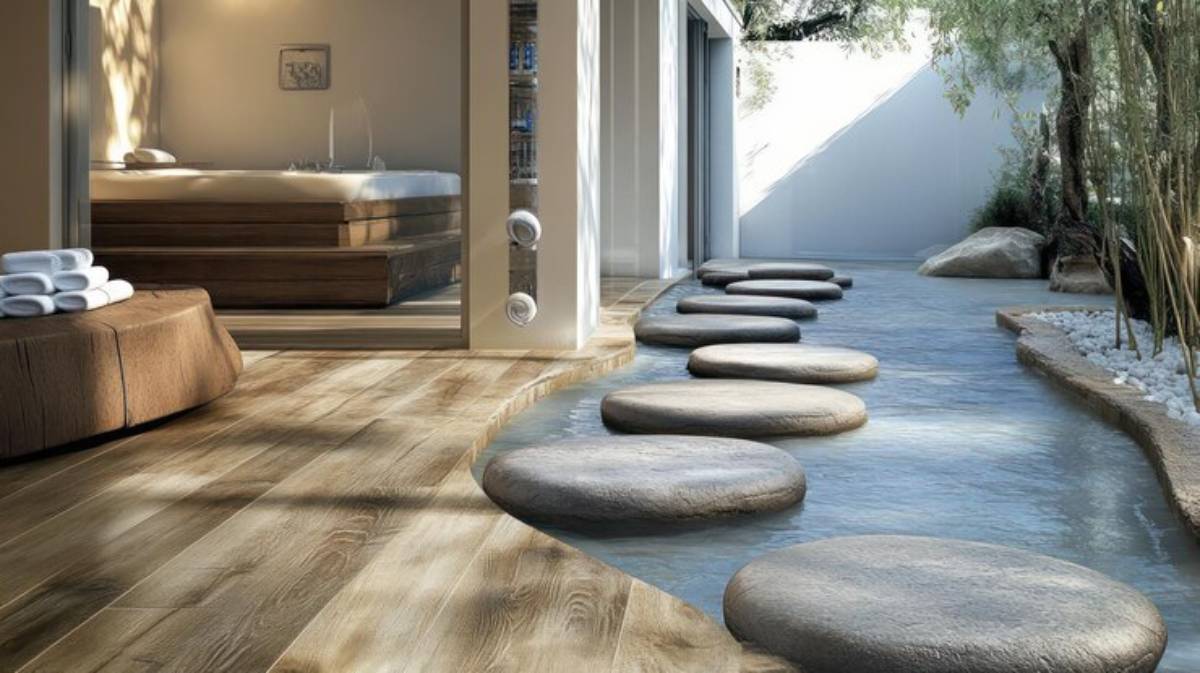 A serene spa setting featuring stone stepping stones over water, adjacent to a wooden hot tub and a sunlit, tranquil interior.