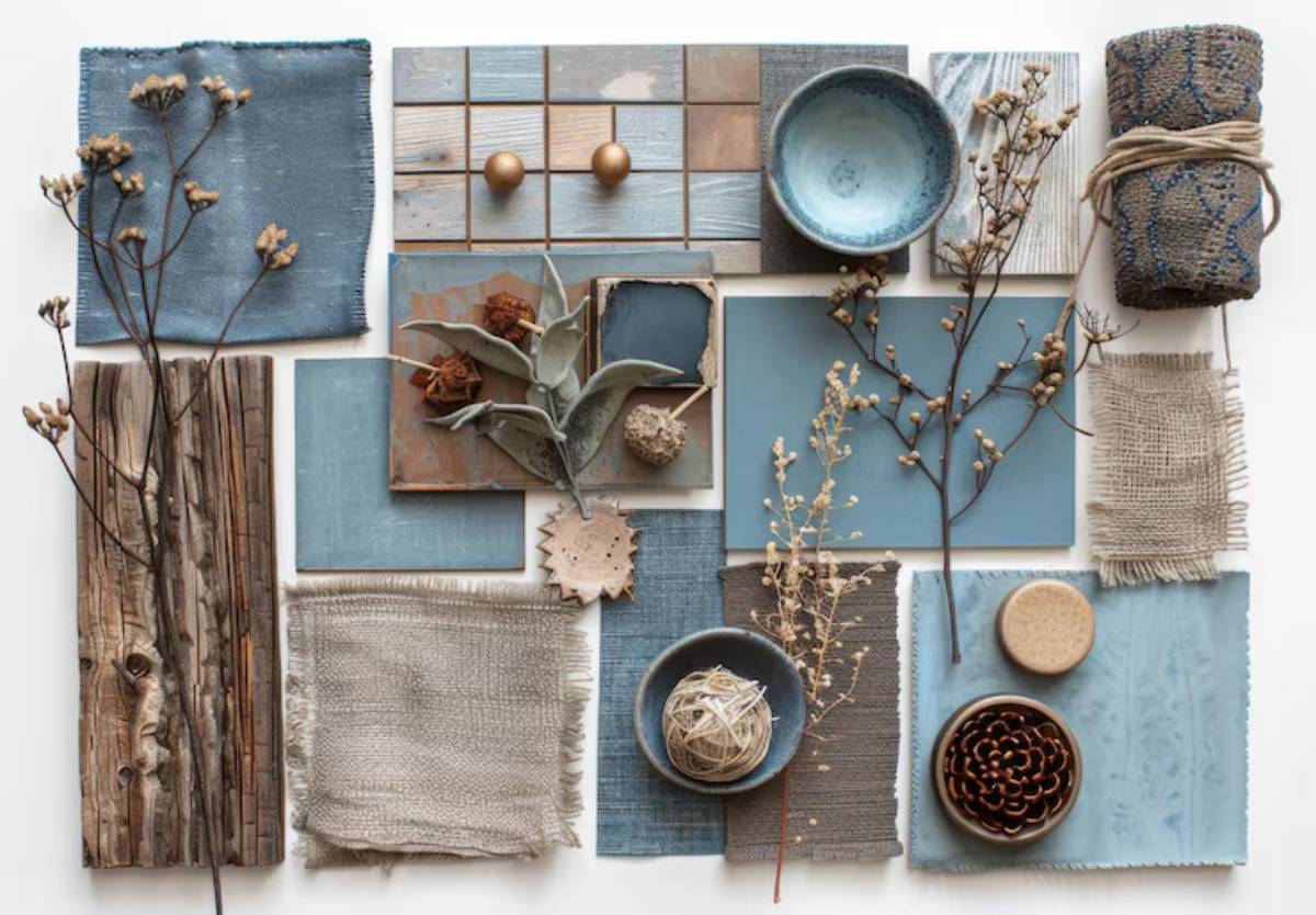 An arrangement of textured fabrics, ceramic bowls, natural elements, and color samples in soothing blue and earthy tones.