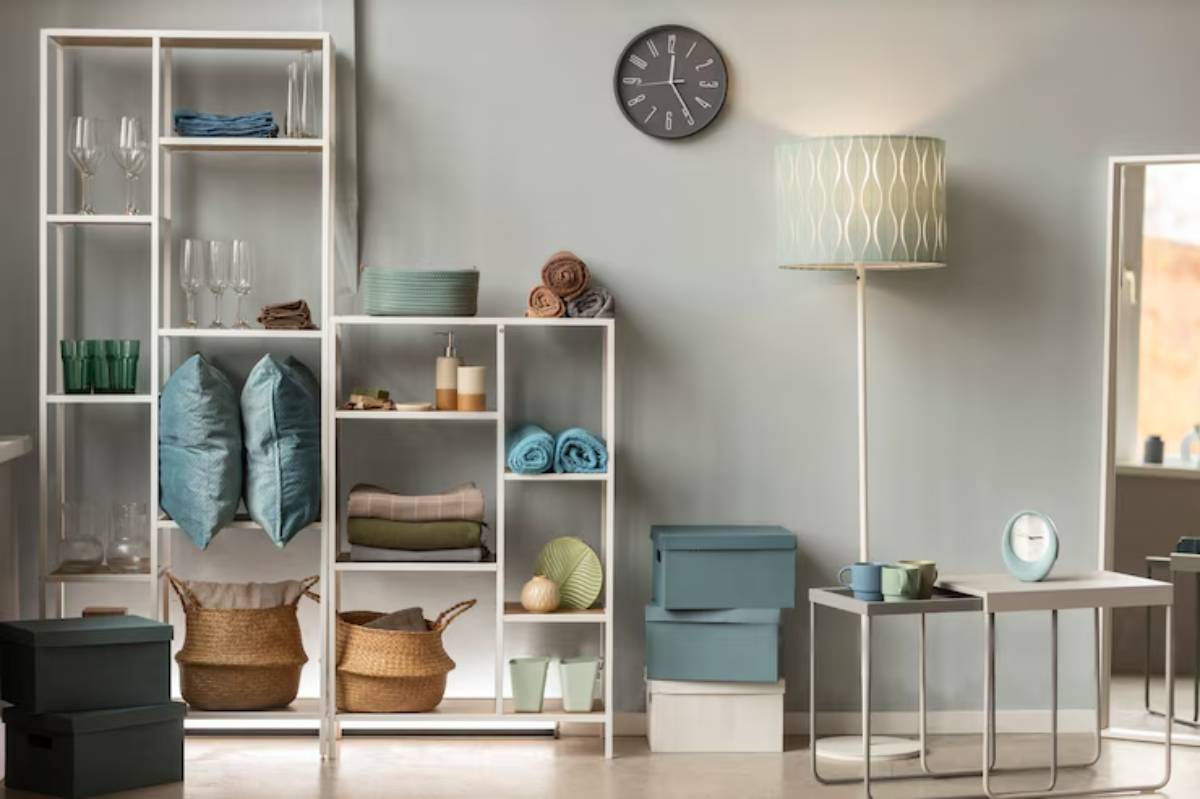 A stylish room featuring a white bookshelf with decor, teal cushions, a floor lamp, and a clock against a soft gray wall.