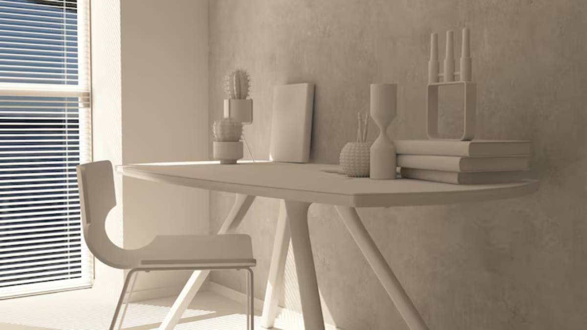 A minimalist workspace featuring a white table, chair, and decor items, illuminated by sunlight filtering through blinds.