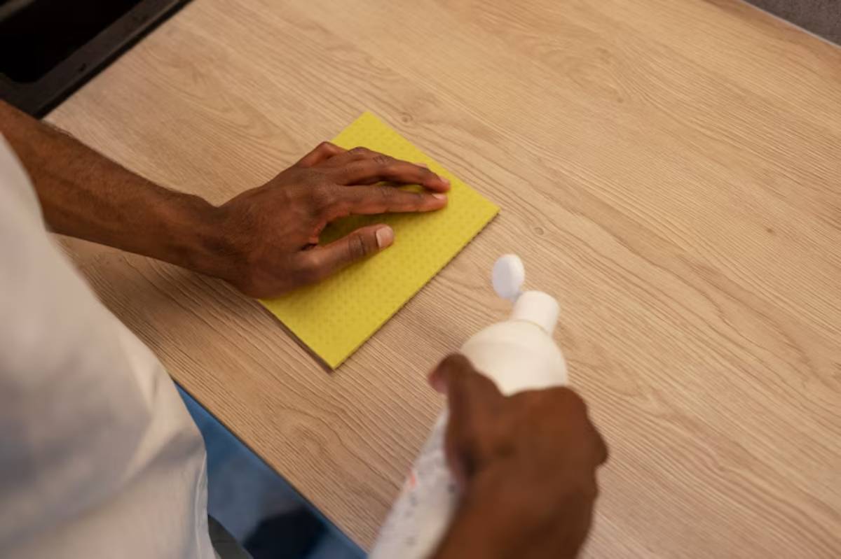 A person cleaning a wooden surface with a yellow sponge and a bottle of cleaning solution, focusing on sanitation.