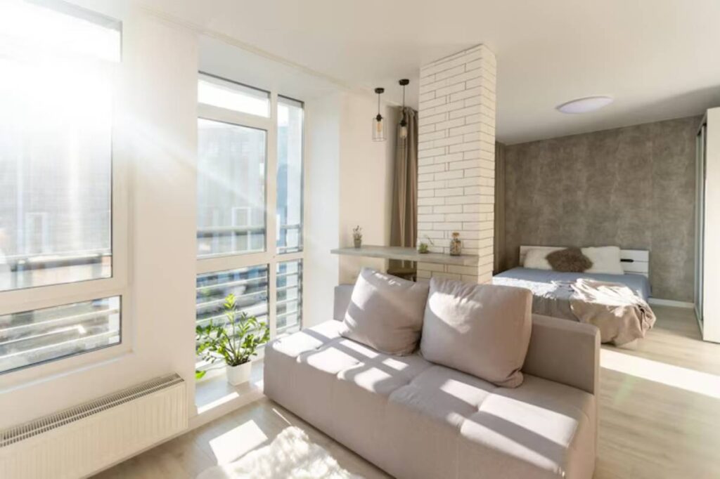 Bright modern living space featuring a gray sofa, plants, and a bedroom with a bed in the background, illuminated by natural light.