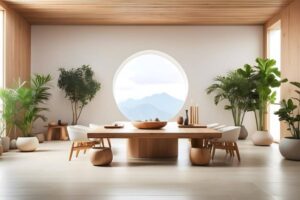 A bright, modern dining room features a large wooden table, white chairs, and potted plants, framed by a circular window showcasing mountains.