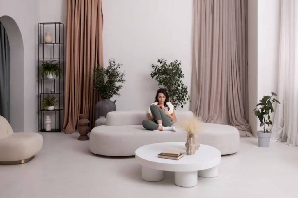 A minimalist living room features soft, neutral tones, a large couch, a round coffee table, and decorative plants in stylish pots.