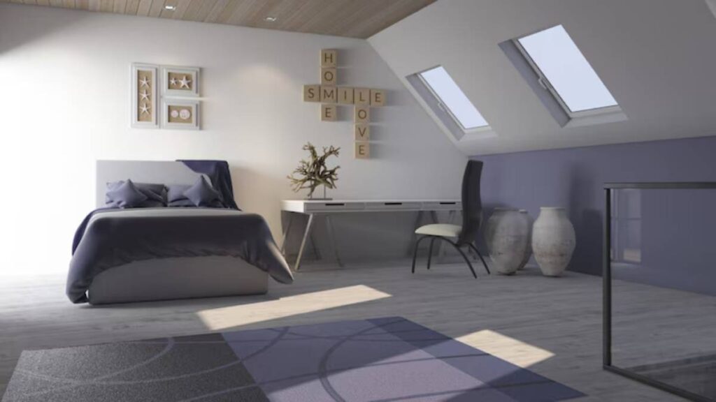 A cozy attic bedroom with a gray bed, desk, decorative vases, and light purple walls. Inspirational words are displayed on the wall.