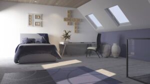A cozy attic bedroom with a gray bed, desk, decorative vases, and light purple walls. Inspirational words are displayed on the wall.