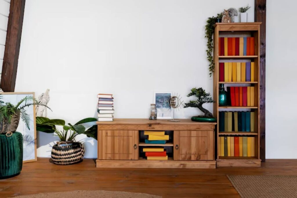 Stylish room featuring a wooden TV stand, colorful bookshelves, potted plants, and framed artwork against a white wall.
