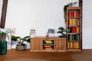 Stylish room featuring a wooden TV stand, colorful bookshelves, potted plants, and framed artwork against a white wall.