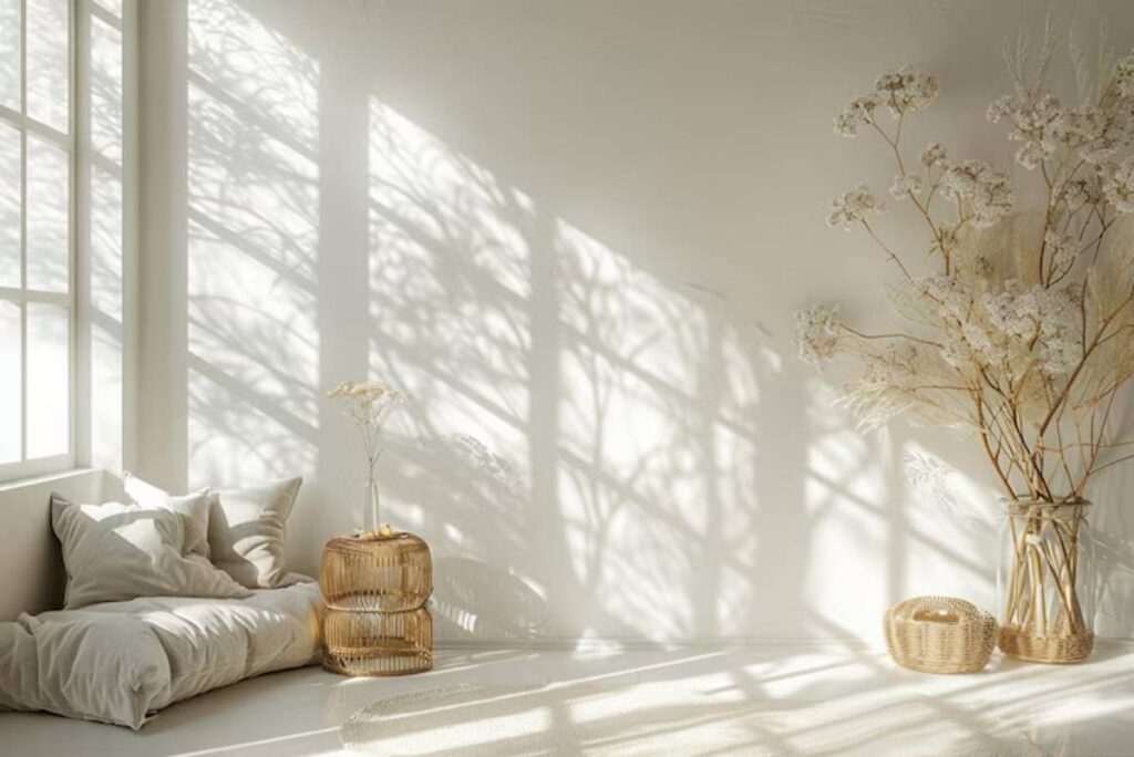 Bright room with soft beige textiles, a stylish woven vase, and delicate flowers casting intricate shadows on the wall.