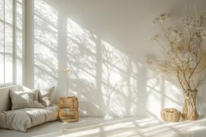 Bright room with soft beige textiles, a stylish woven vase, and delicate flowers casting intricate shadows on the wall.