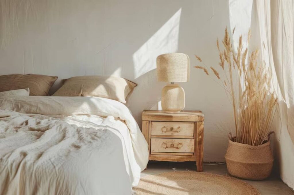 Bright, serene bedroom with a neutral palette, featuring a wooden nightstand, woven lamp, and decorative dried grasses.