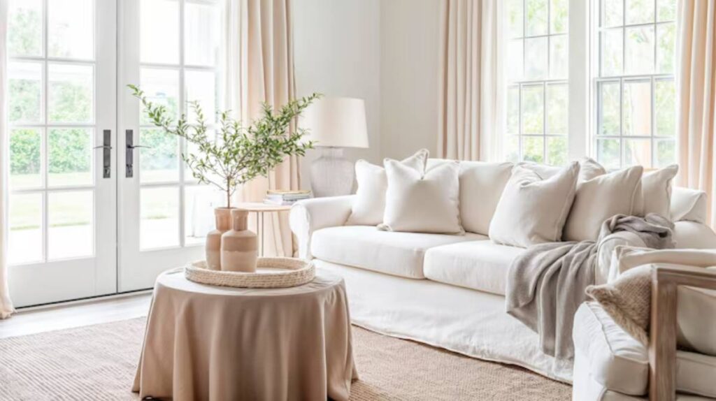 Bright and airy living room featuring a white sofa with cushions, a coffee table with a plant, and large glass doors with soft curtains.