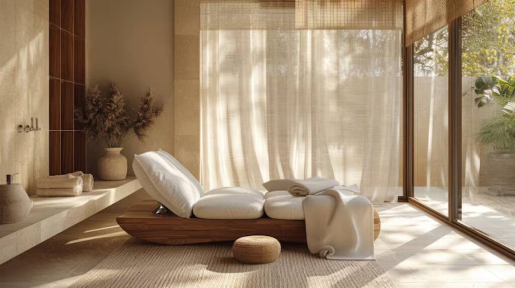 A serene spa-like space features a wooden lounge chair with white cushions, surrounded by natural light, plants, and soft curtains.