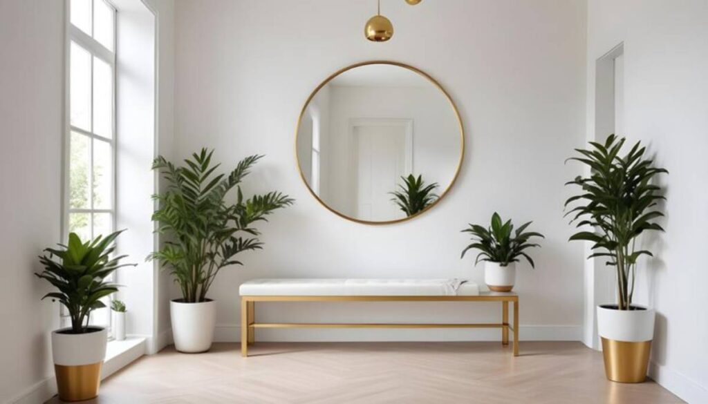 Bright entryway featuring a round mirror, a gold-accented bench, and lush potted plants against a minimalist white wall.