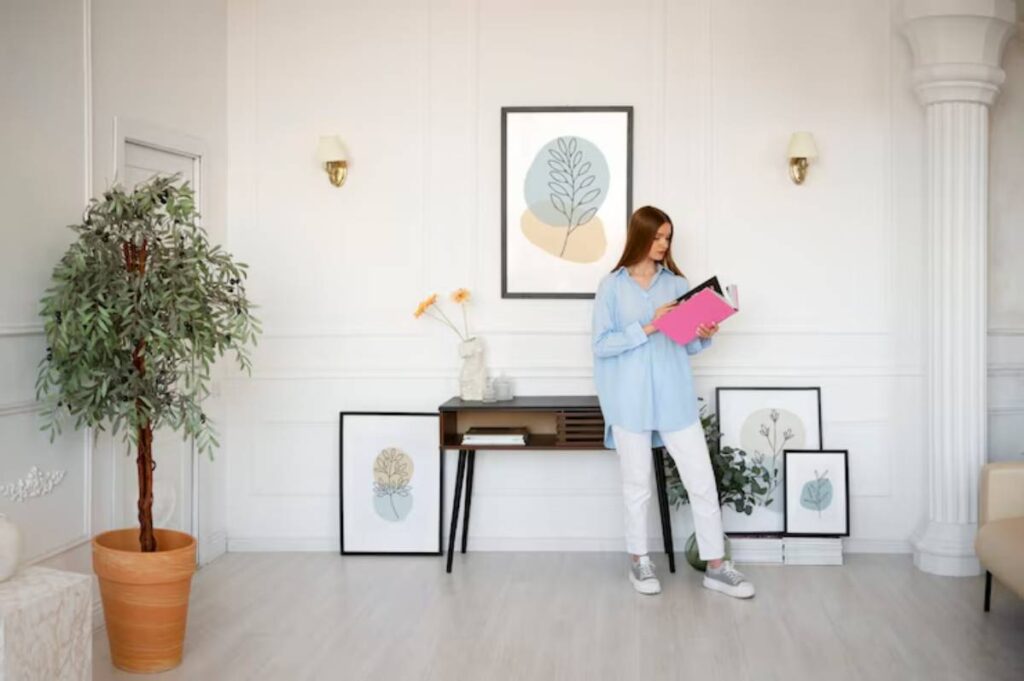 A stylish room with a potted plant, a wooden console table, and framed botanical art adorning the walls, creating a cozy atmosphere.
